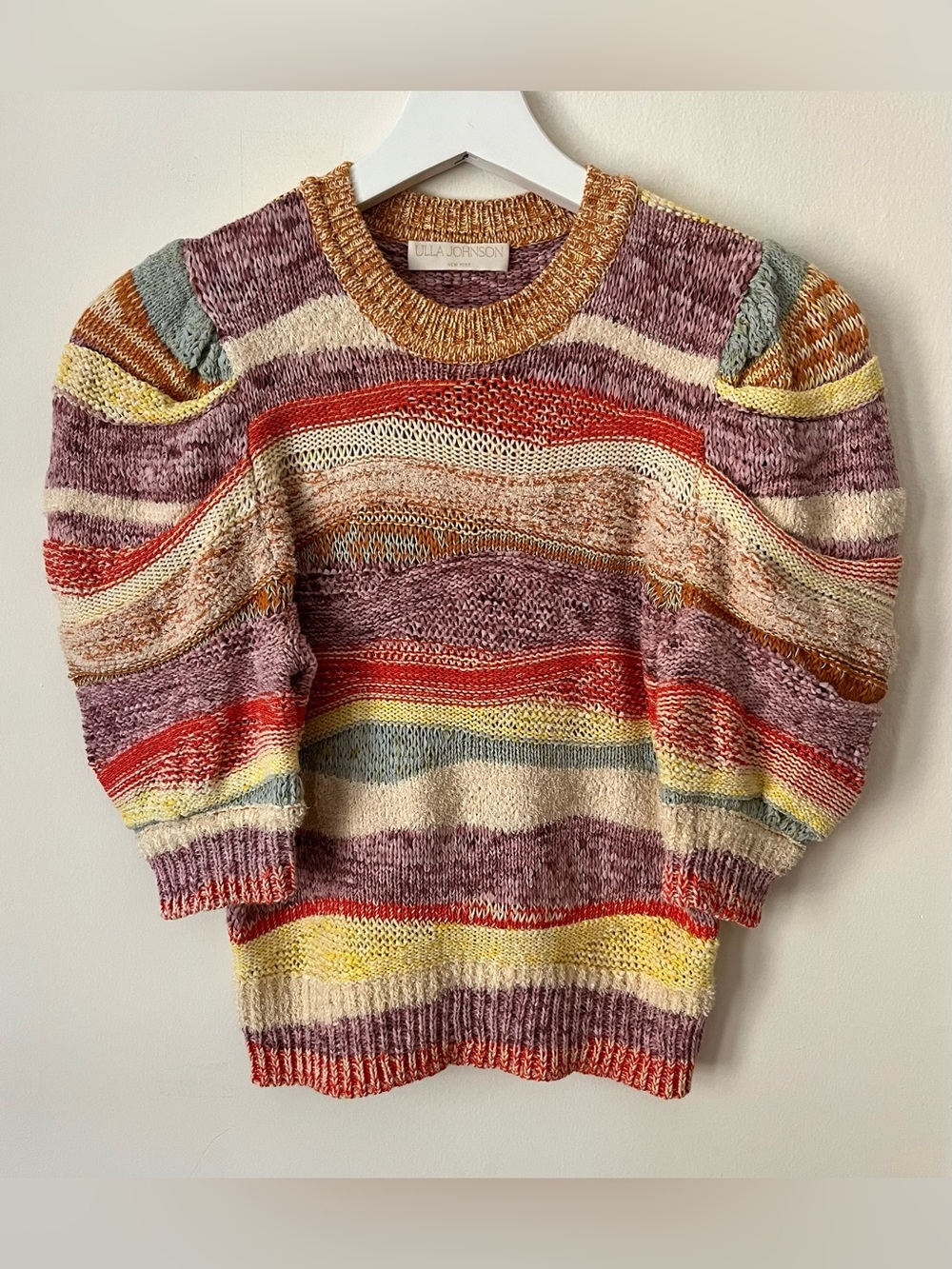 Ulla Johnson • P •  Multicolor Striped Puff Short Sleeve Crewneck Sweater